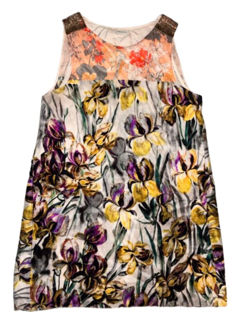 Dreis Van Noten Size 44 Floral Sleeveless Dress Beaded Shoulders Yellow Purple - Picture 4 of 15